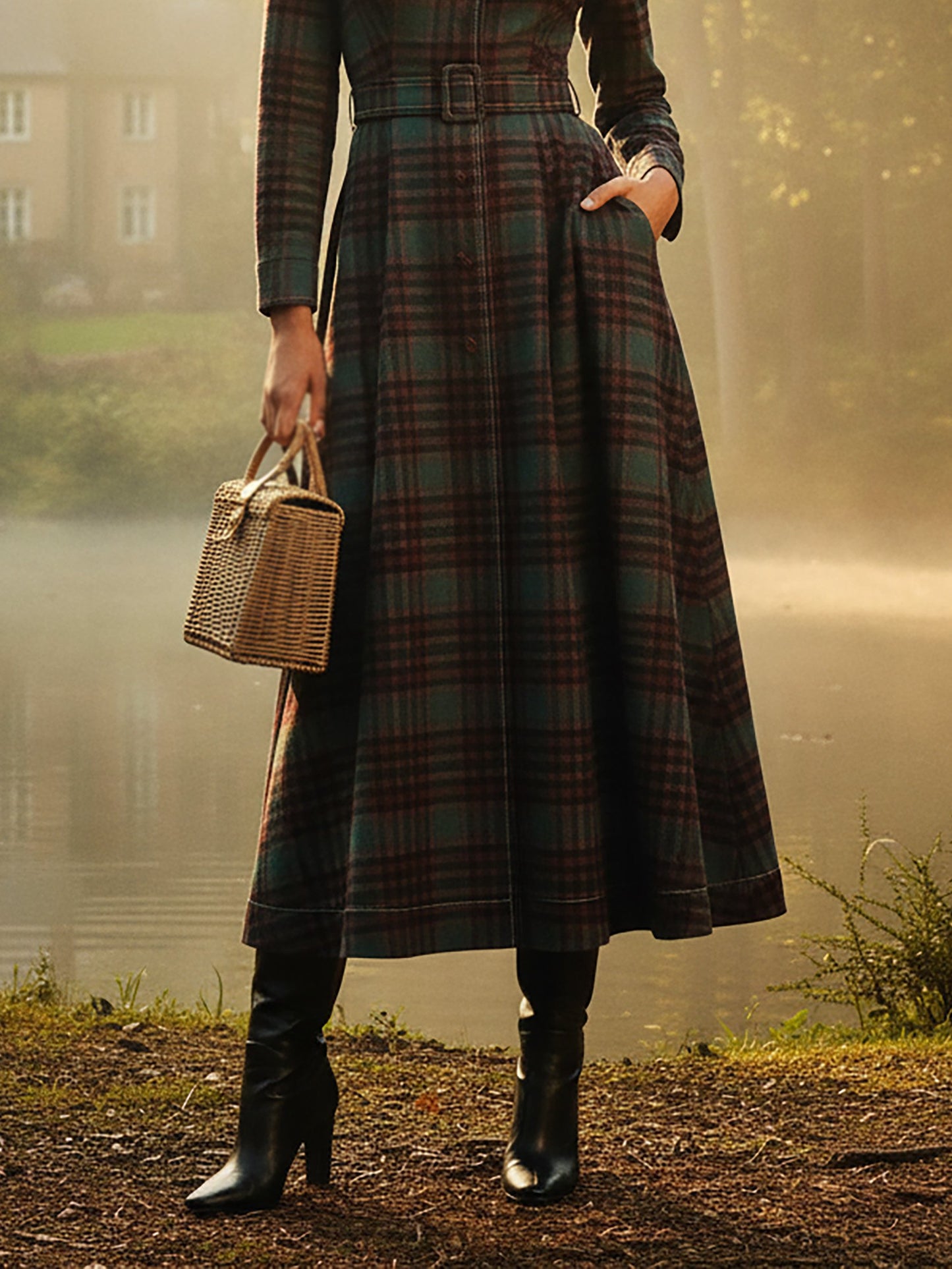 Manteau en Laine, Manches Longues, Col Revers, Carreaux, Ceinturé, Vintage, Cramoisi