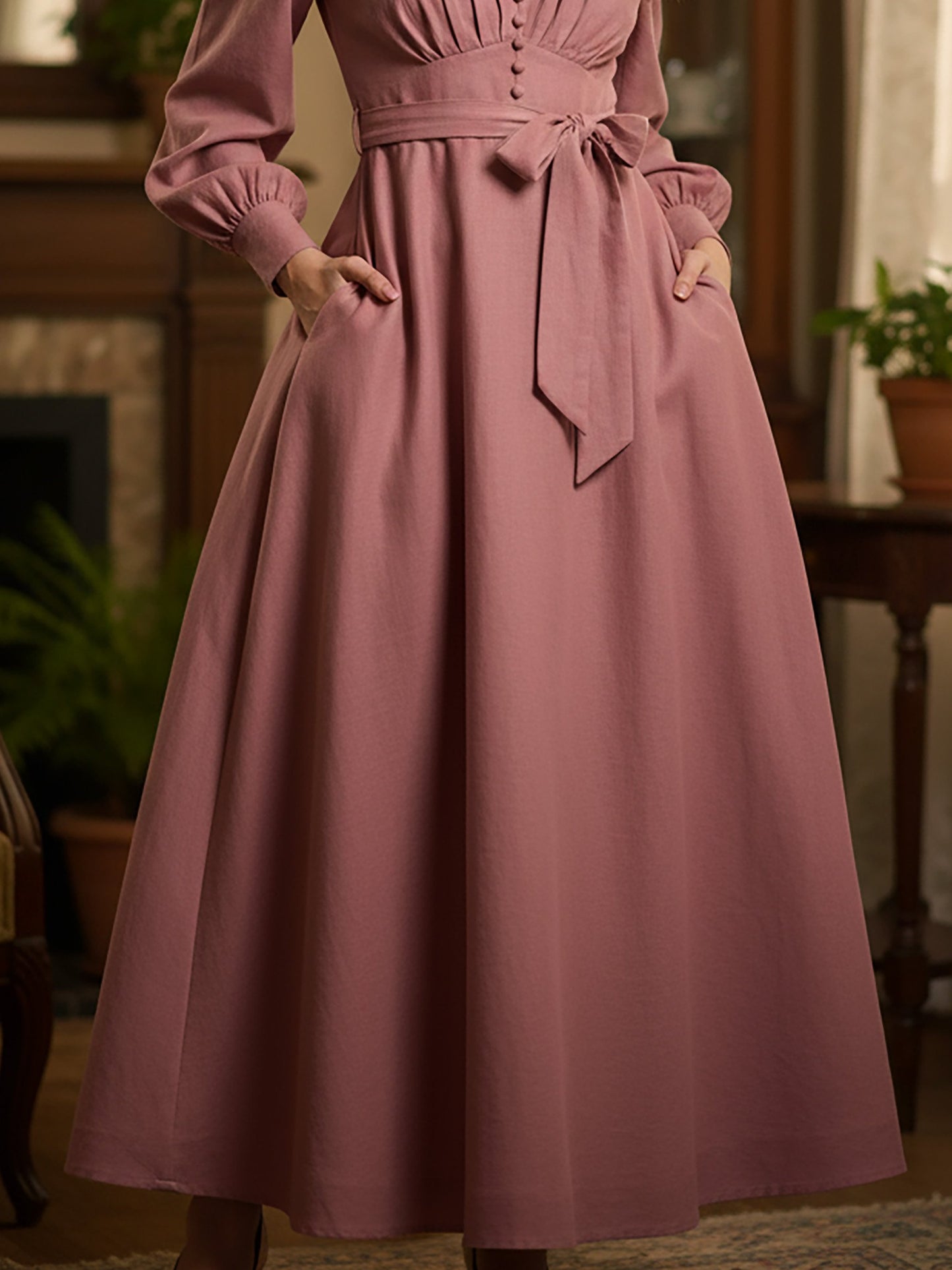 Robe midi en lin, manches longues, col en V, unie, boutonnée, vintage, rose fuchsia