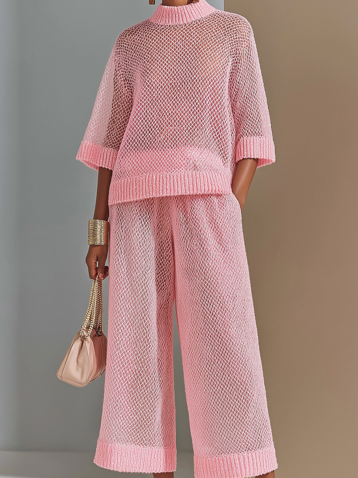 Chic Elegant Pink Mock Neck Half-Sleeve Sweater Wide-Leg Cropped Pants Knit Two-Piece Set