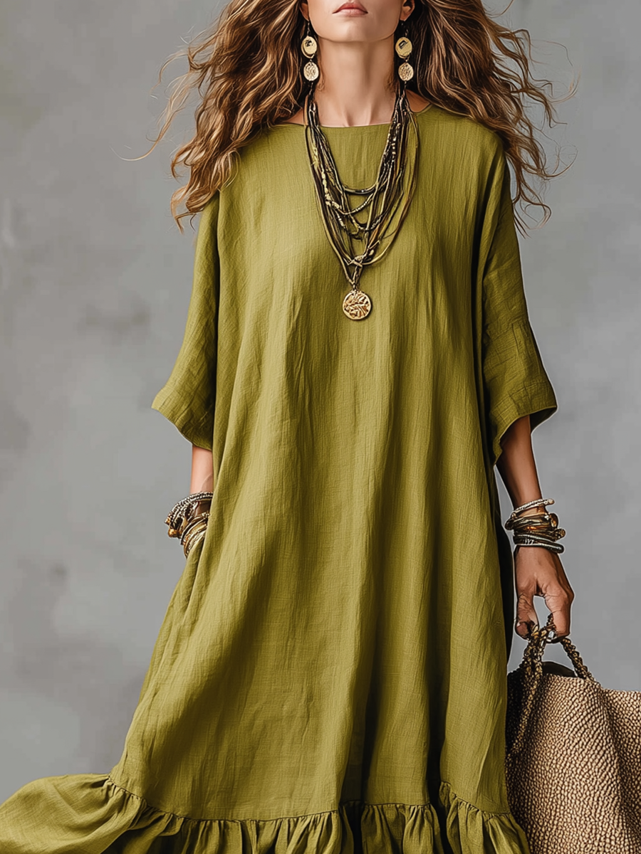 Robe longue à volants vert olive bohème décontractée