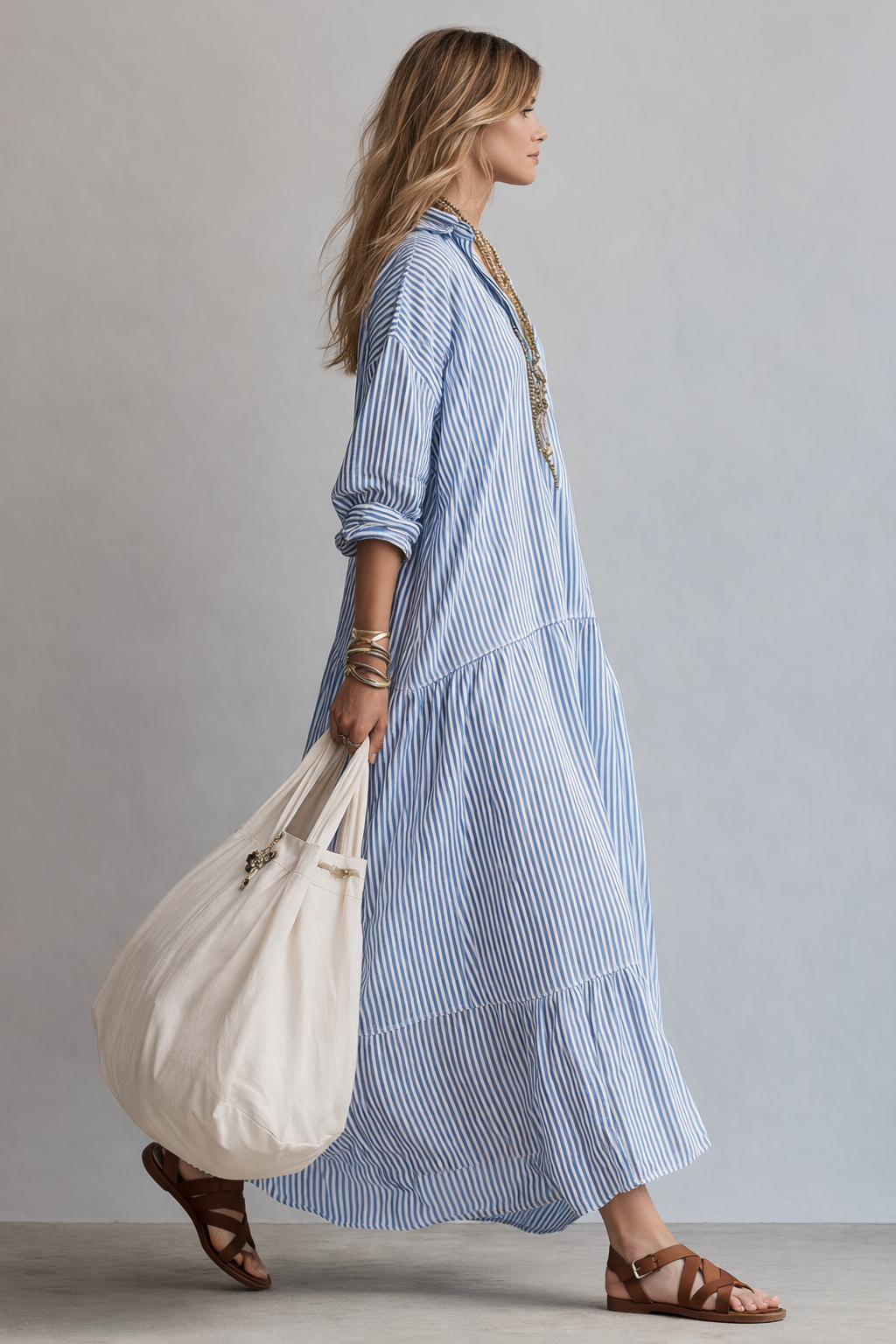 Robe longue ample à rayures bleues