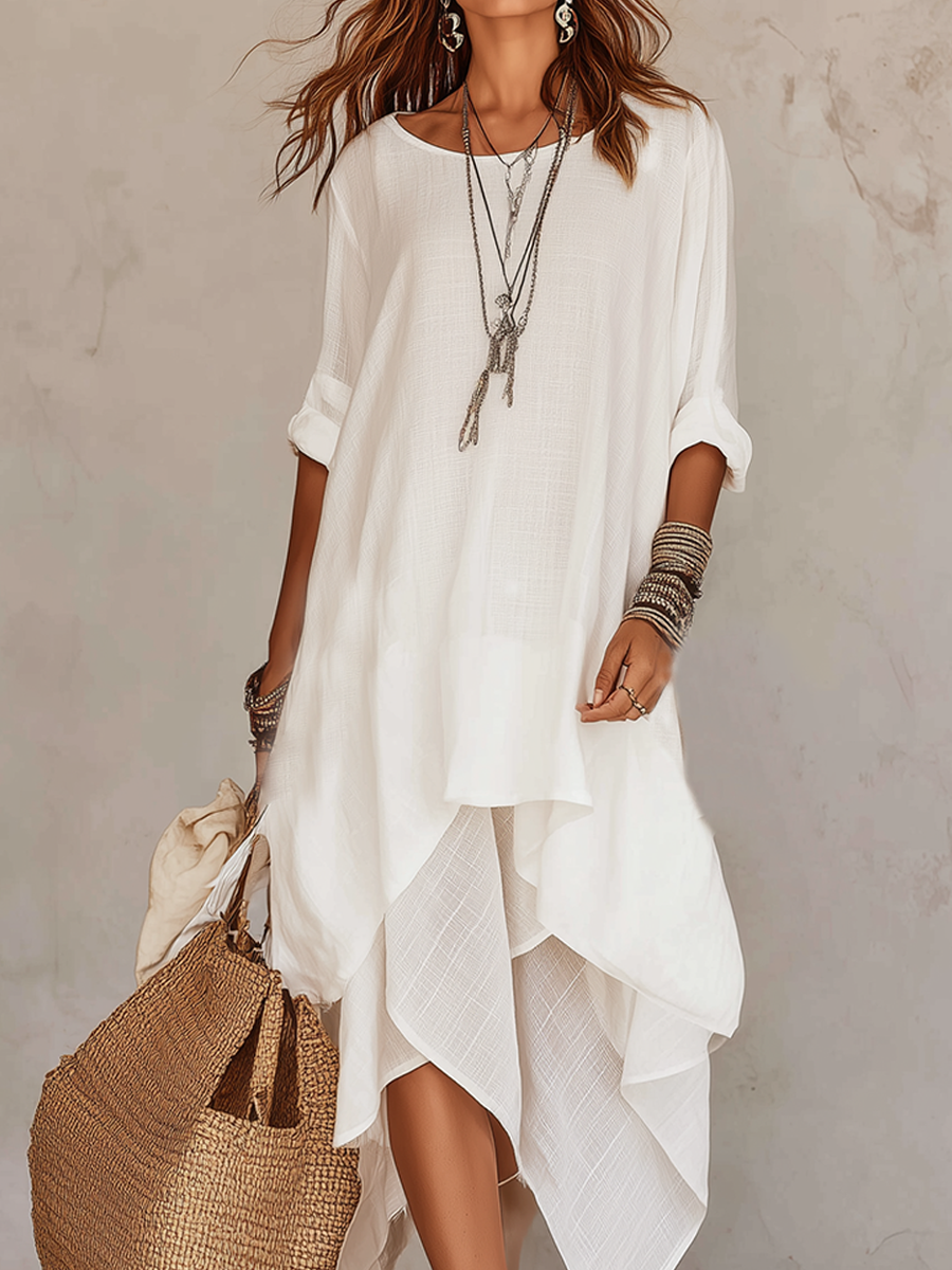 Robe asymétrique superposée bohème en lin naturel, coloris ivoire