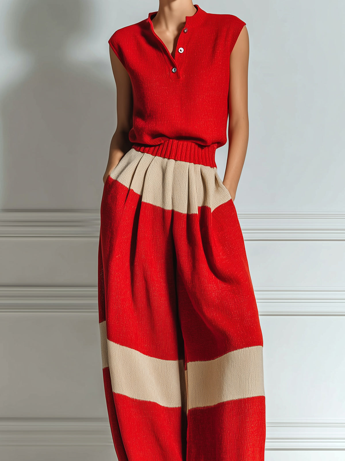 Chic Elegant Red-Camel Colorblock Henley Neck Sleeveless Loose-Fit Top And Elastic Waist Wide-Leg Pants Knit Two-Piece Set