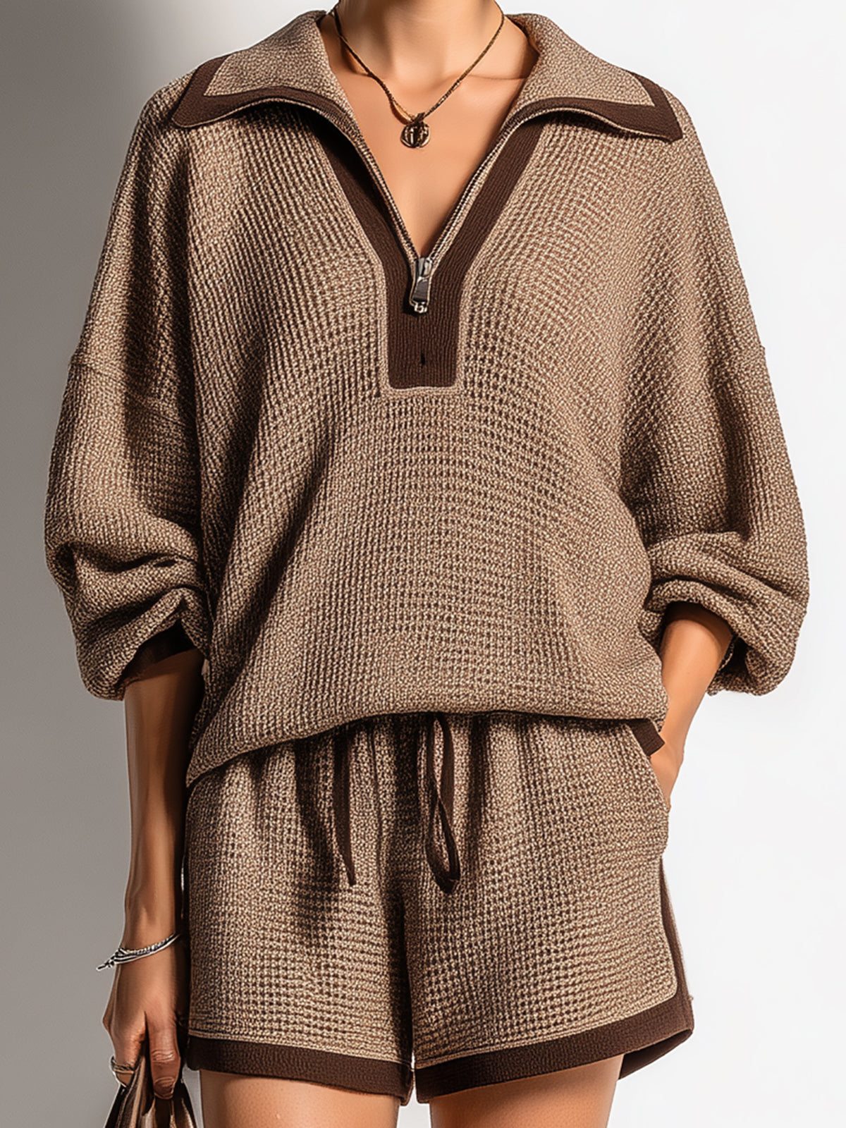 Chic Elegant Brown Zipper-Up Lapel Collar Long-Sleeve Sweater Drawstring Waist Shorts Contrast Trim Detail Waffle Knit Two-Piece Set