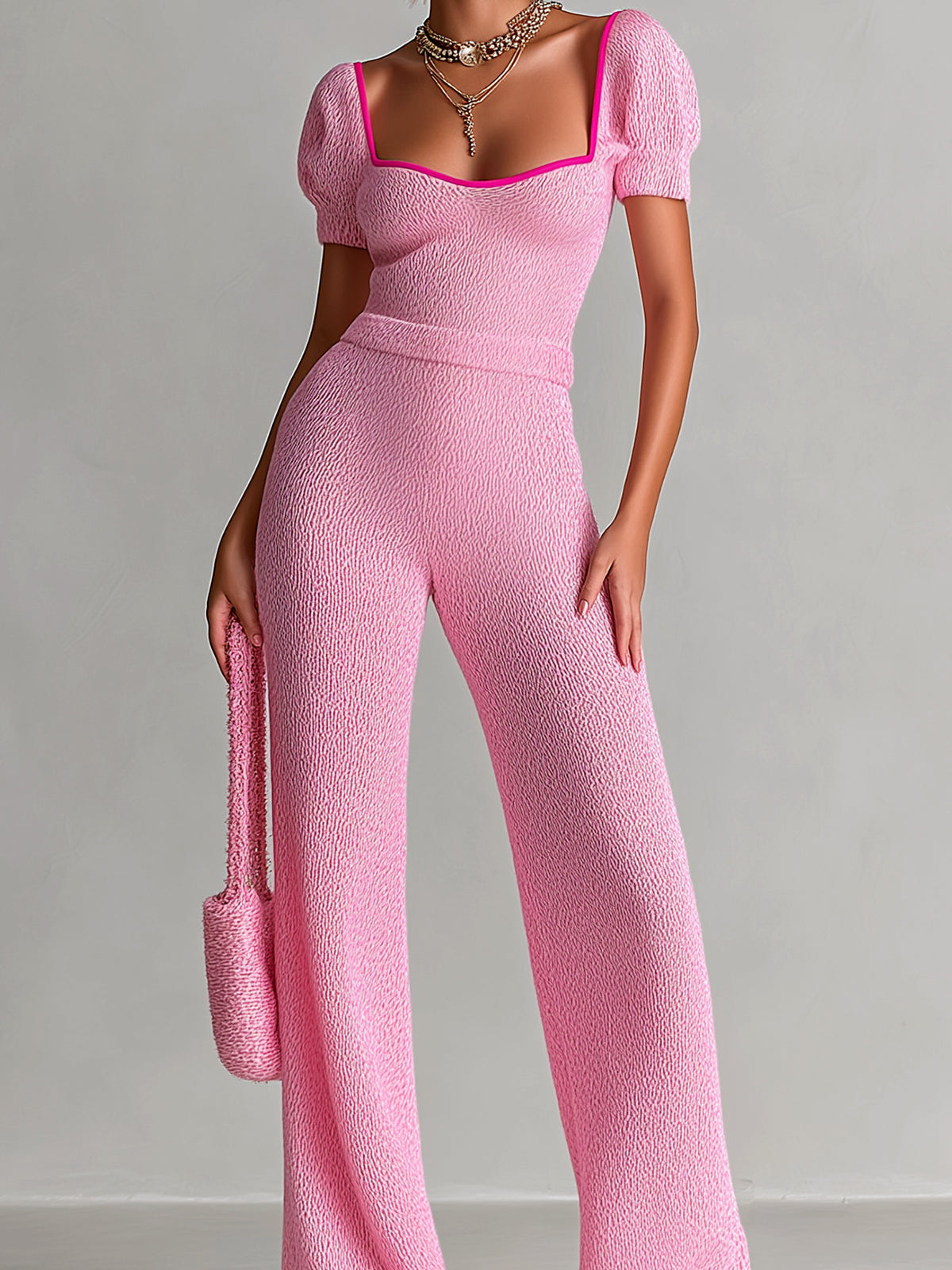 Chic Elegant Pink Contrast Trim Square Neck Short Puff Sleeve Tailored Waist Wide-Leg Knit Jumpsuit