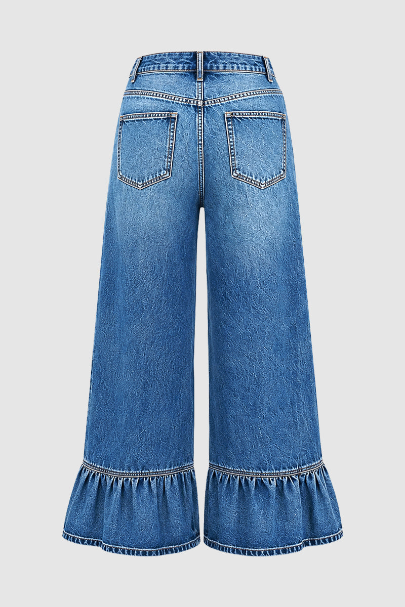 Wash Ruffle Hem High Waist Wide Leg Jeans
