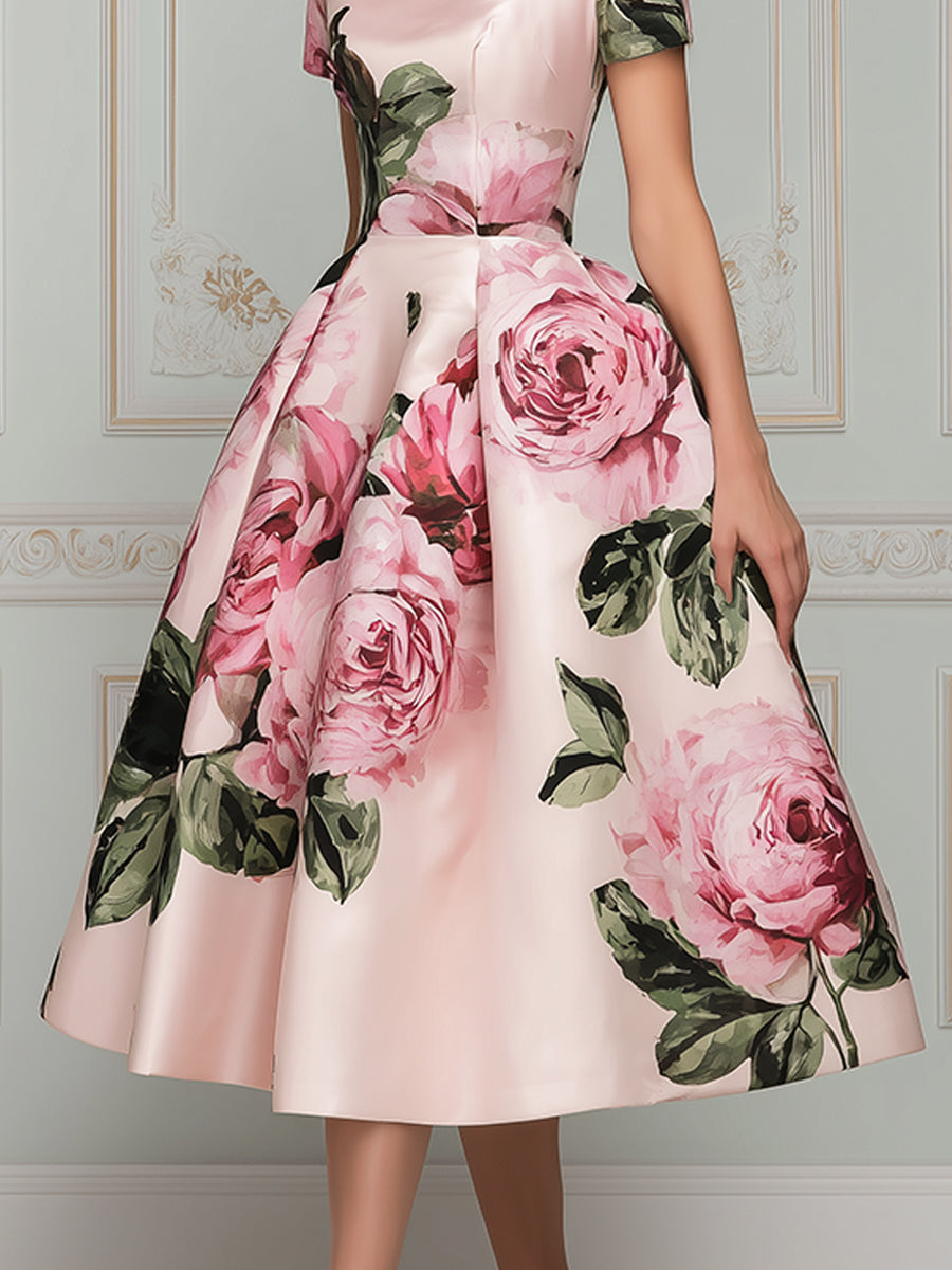 Vintage-Inspired Floral Satin Midi Dress