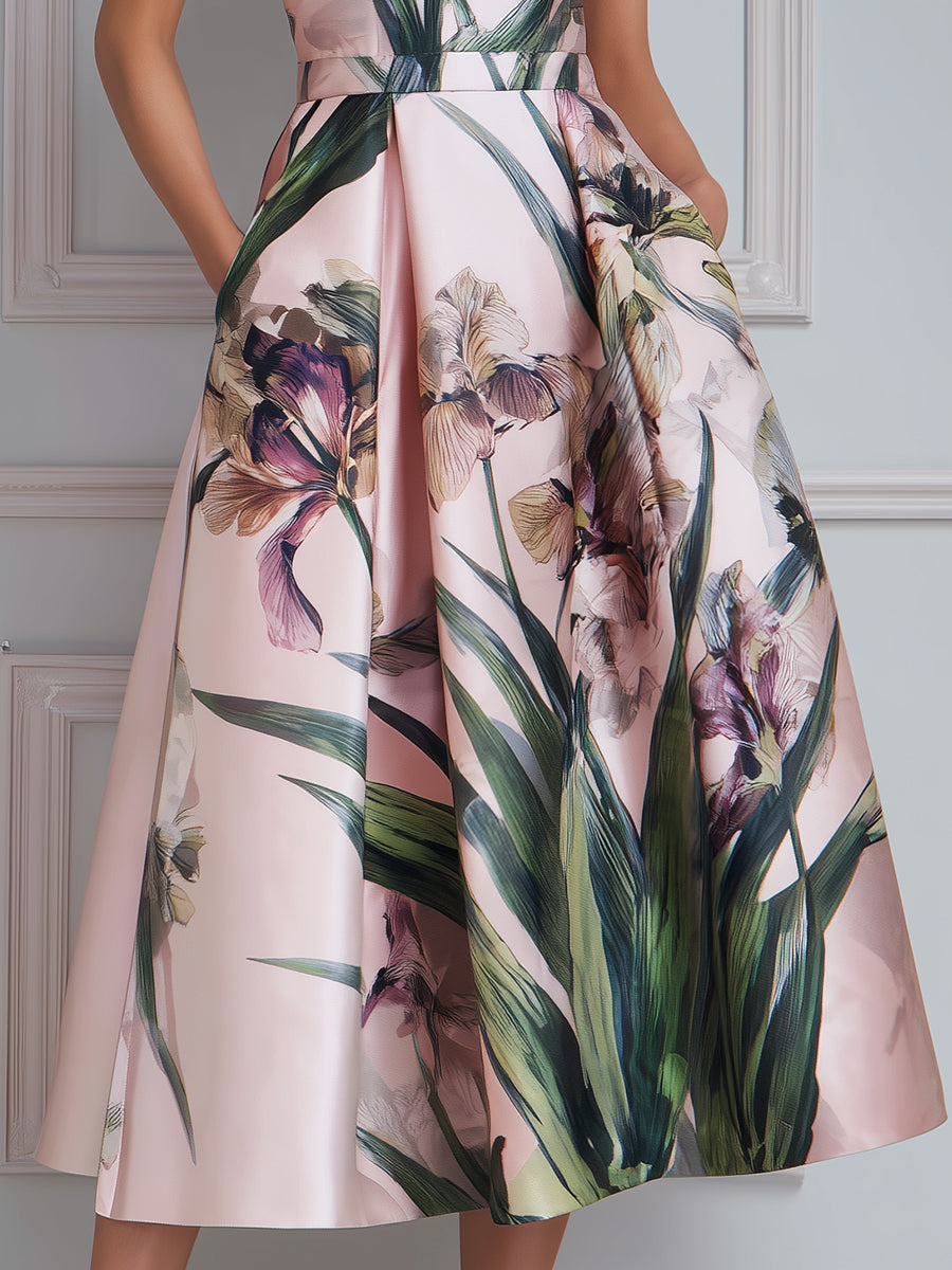 Sleeveless Botanical Print A-Line Midi Dress