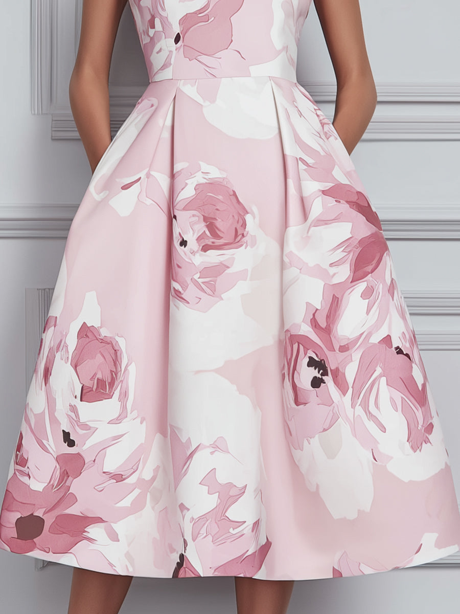 Floral Print Sleeveless A-Line Midi Dress With Structured Pleats