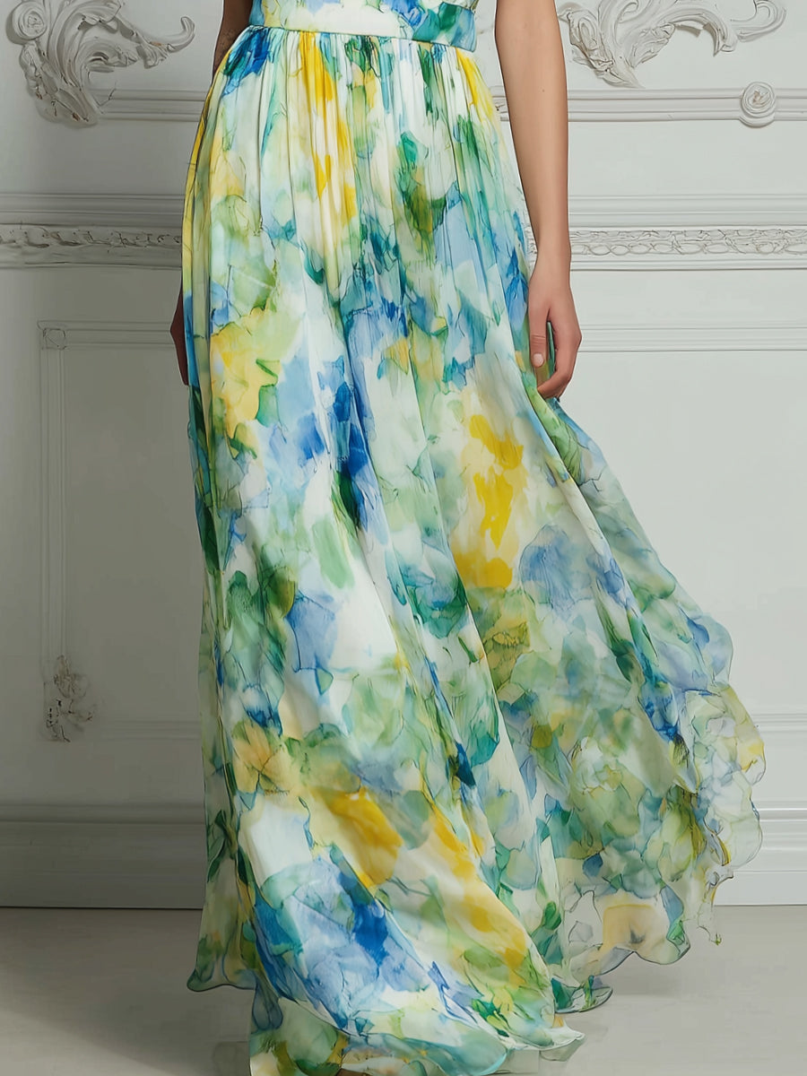 Watercolor Floral Sleeveless Cinched Waist Flowing Maxi Dress
