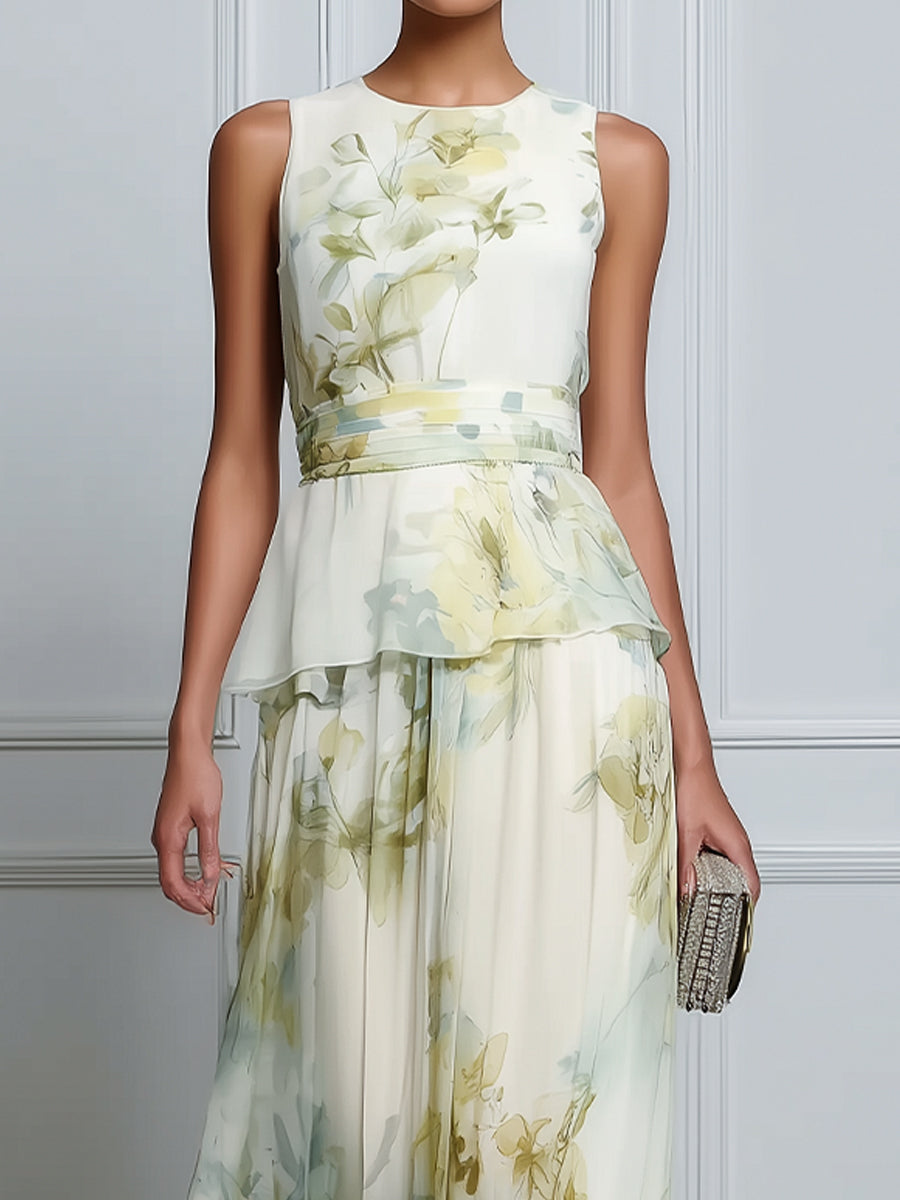 Layered Floral Sleeveless Peplum Waist Flowing Maxi Dress