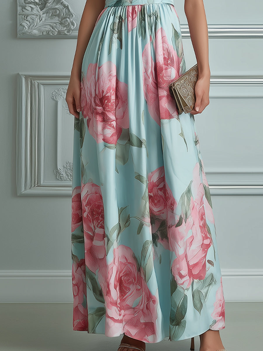 Spaghetti Strap Ruched Bodice Floral A-Line Maxi Dress