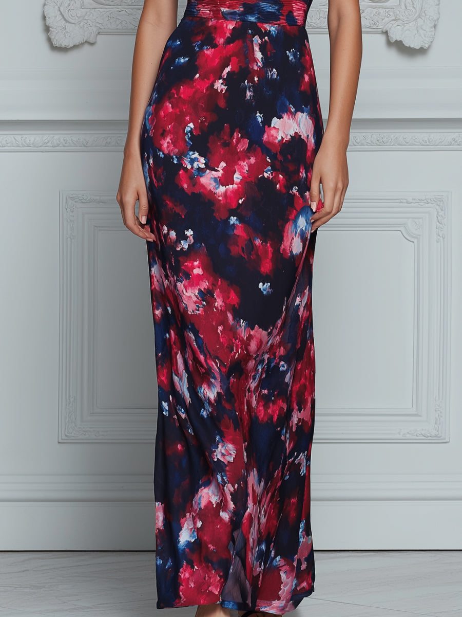 Off-Shoulder Ruched Bodice Printed Maxi Dress