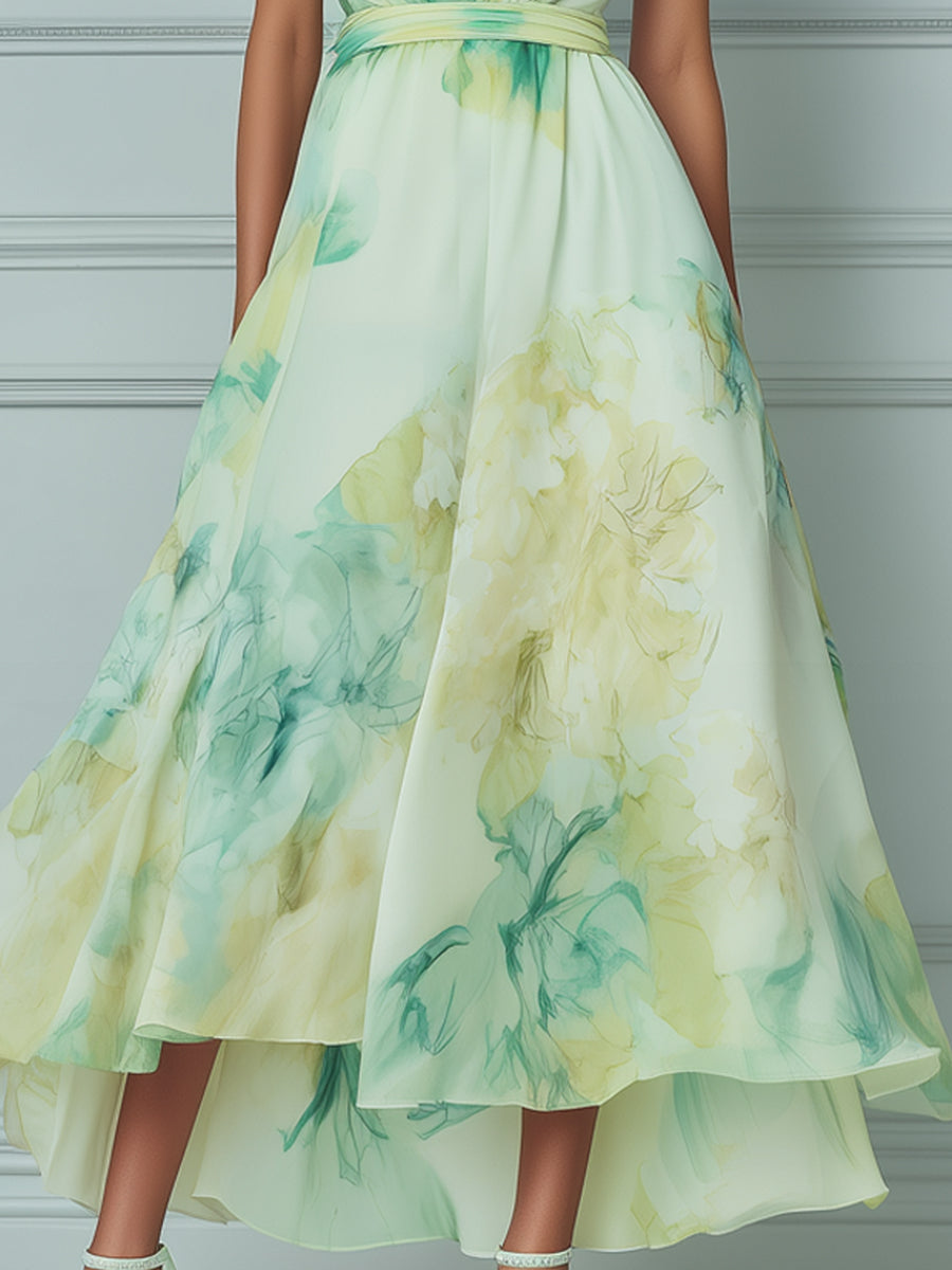 Elegant Green And Yellow Watercolor Floral Print Sleeveless Flowing