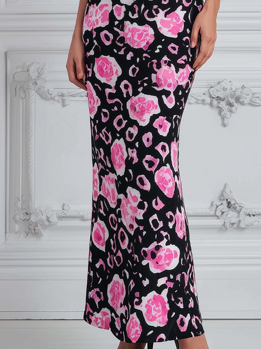 Square-Neck Floral Leopard Print Bodycon Maxi Dress