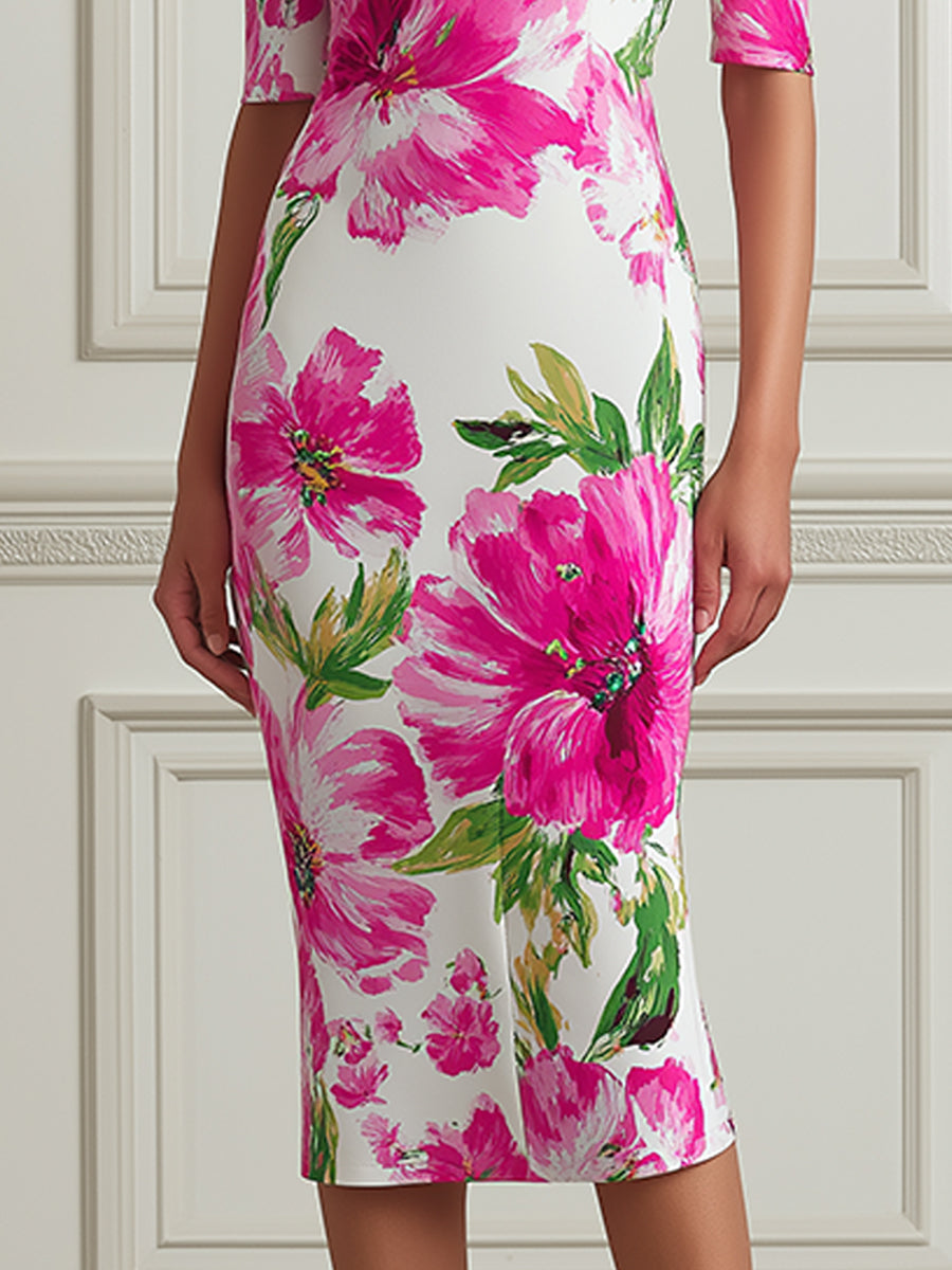 Elegant Floral Square-Neck Midi Sheath Dress