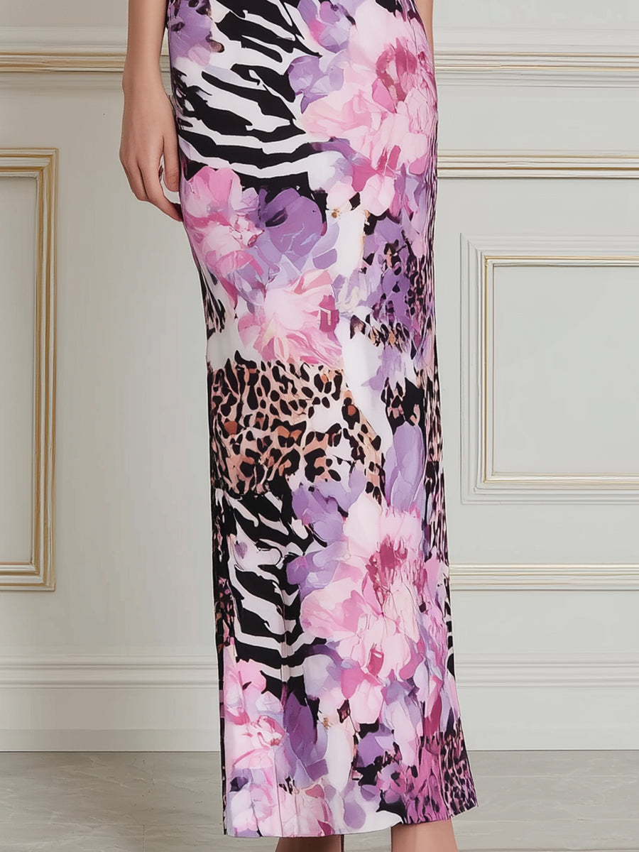 Square-Neck Mixed Print Bodycon Maxi Dress
