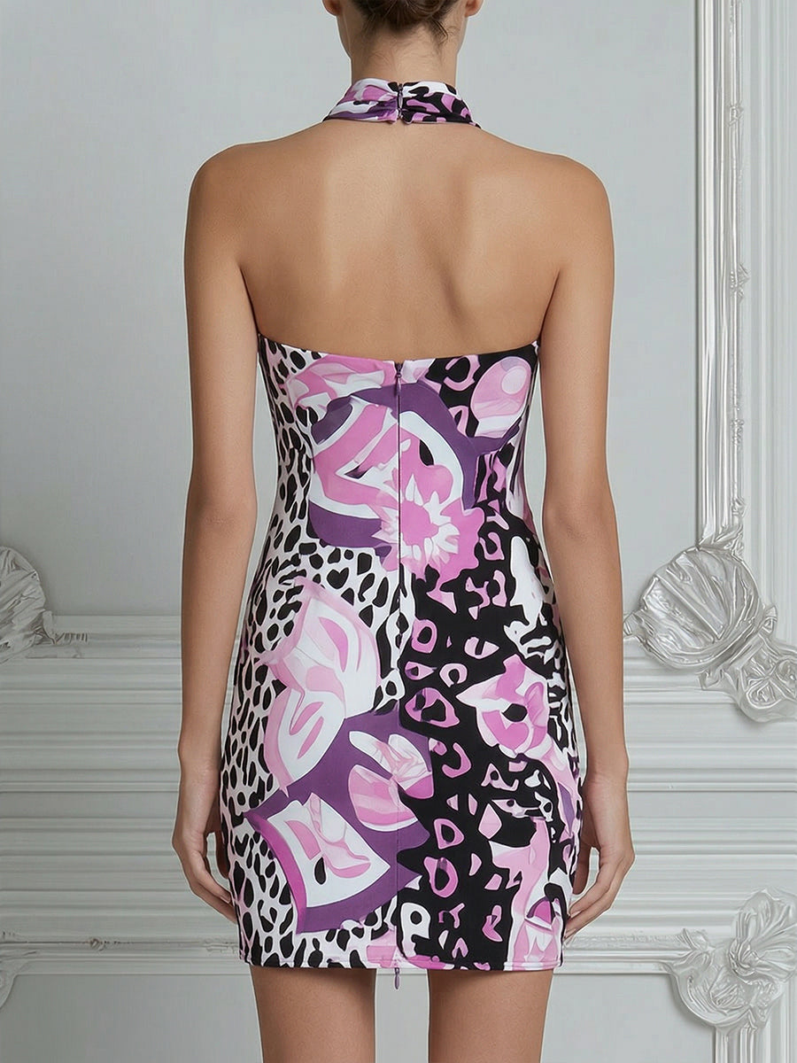 Halter Neck Mixed Print Bodycon Mini Dress