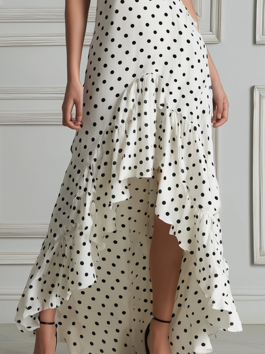 V-Neck Polka Dot Ruffle Strap Bodycon Midi Dress