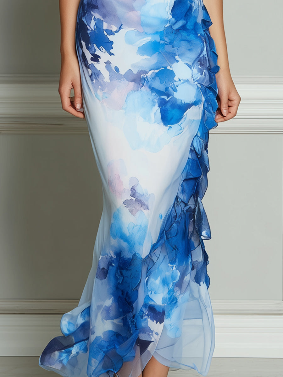 Off-Shoulder Abstract Print Ruffle Hem Bodycon Maxi Dress