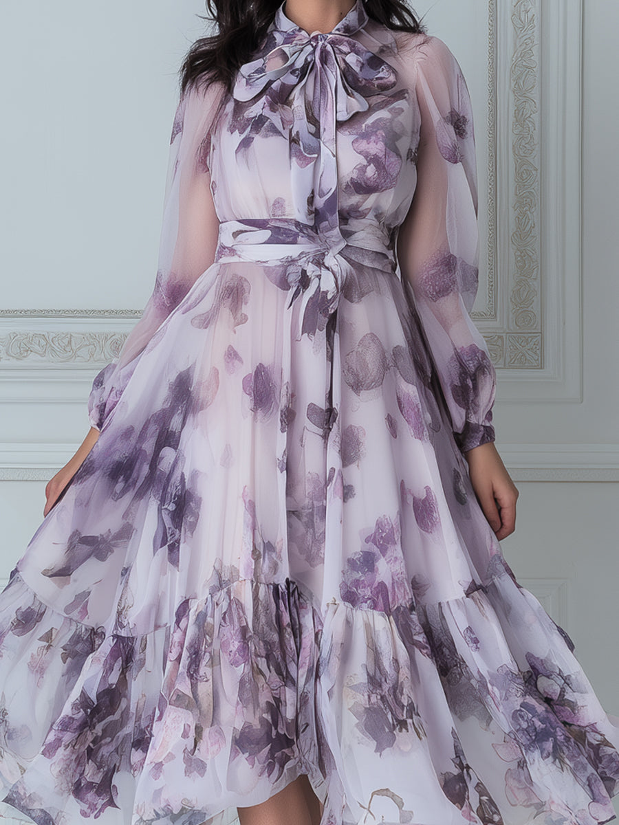 Flowy Watercolor Floral Purple Chiffon Midi Dress