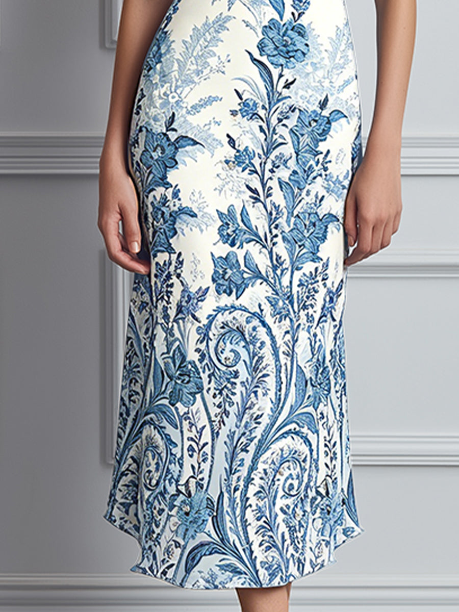 Vintage Porcelain Print Midi Dress