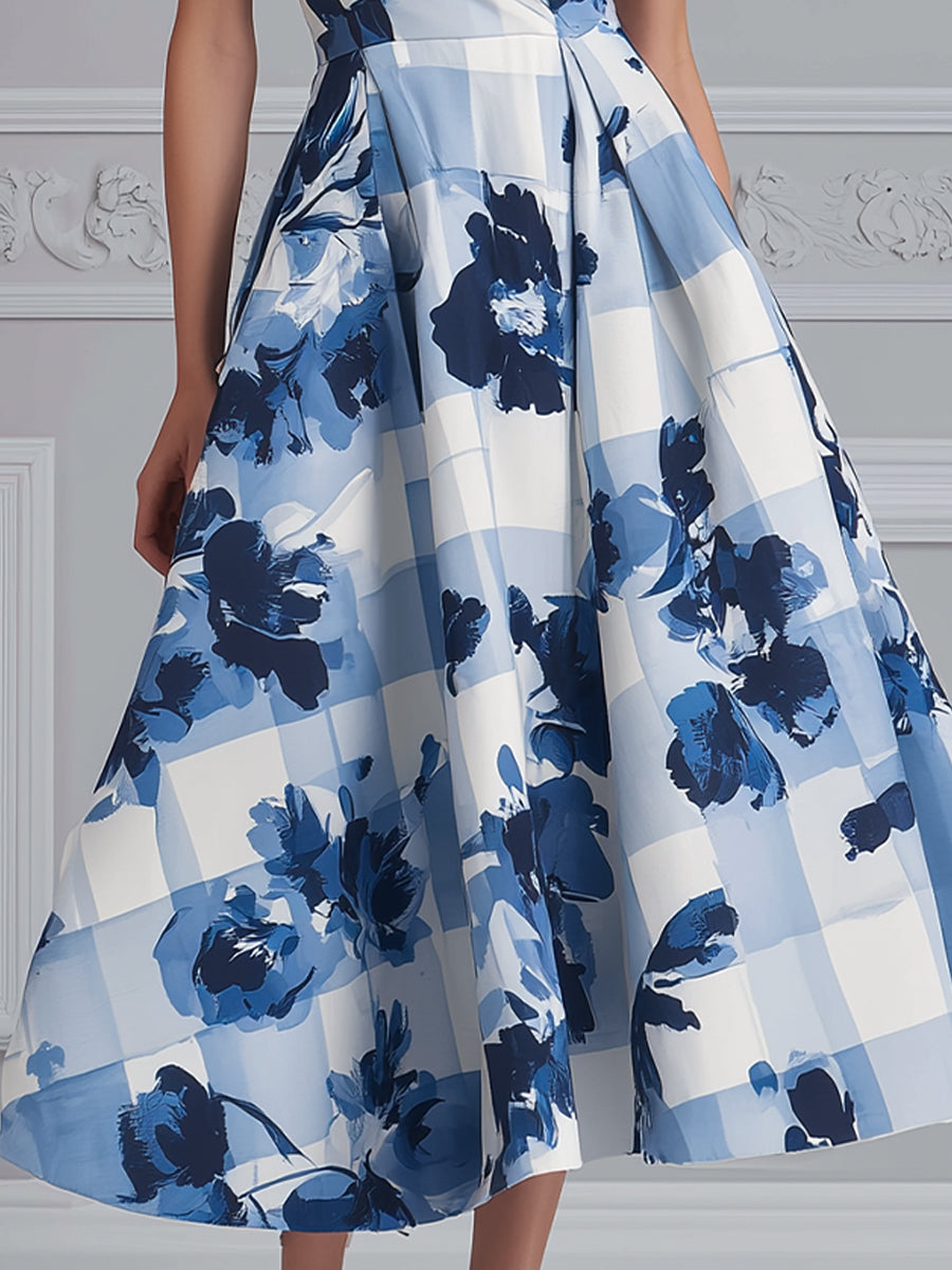 Abstract Floral Print A-Line Midi Dress