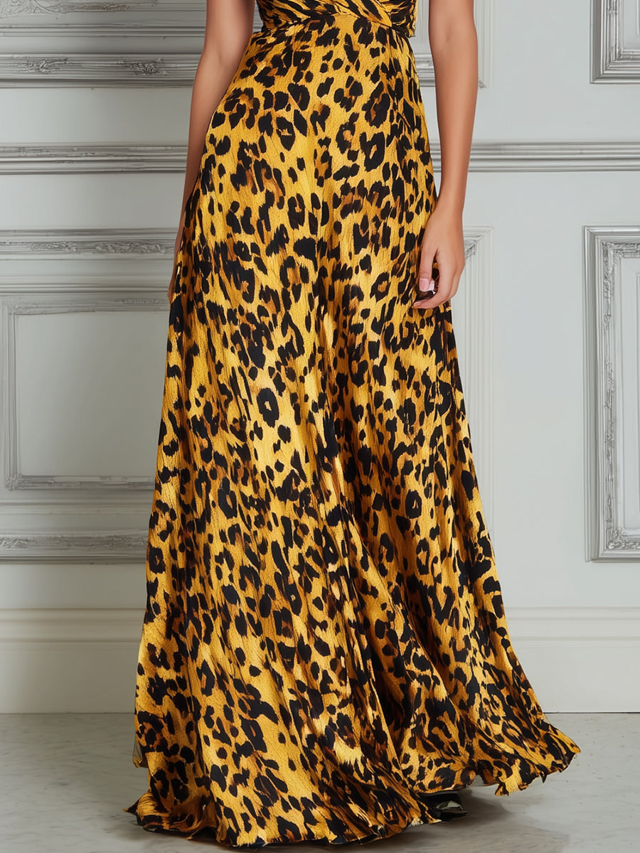 Leopard Print V-Neck Wrap Waist A-Line Maxi Dress