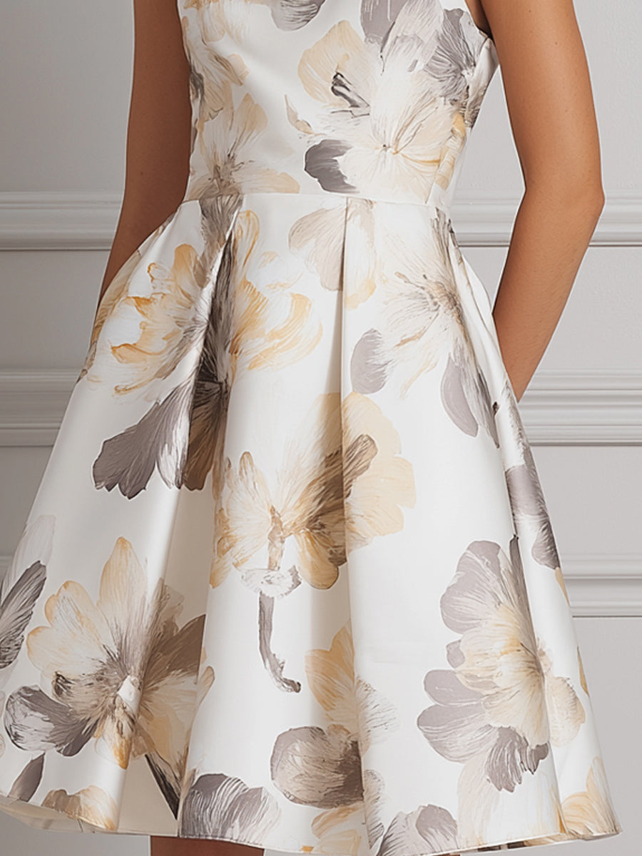 Watercolor Floral Print Sleeveless Round Neck Midi Dress