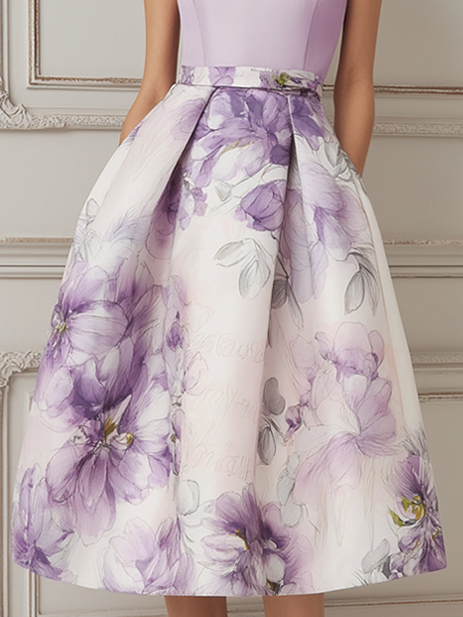 Lavender Purple Floral Print A-Line Midi Dress