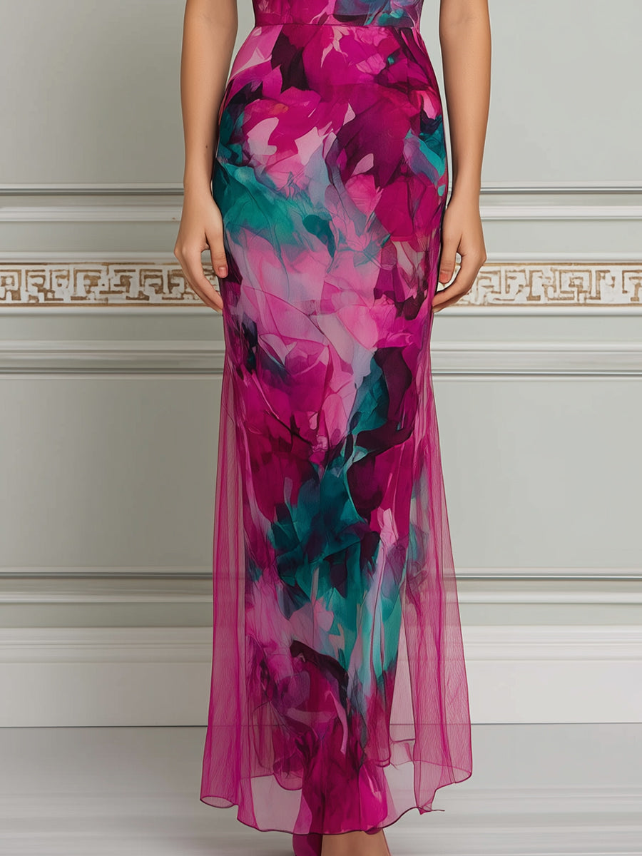 Off-Shoulder Draped Scarf Watercolor Print Bodycon Maxi Dress