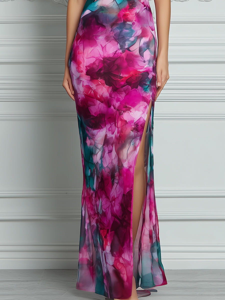 Off-Shoulder Ruched Watercolor Print High-Slit Bodycon Maxi Dress