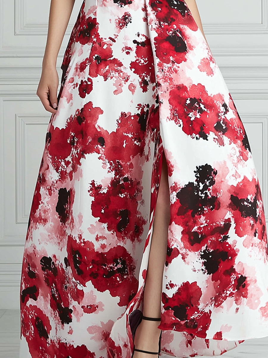 Elegant Halter Neck Watercolor Floral Print A-Line Maxi Dress
