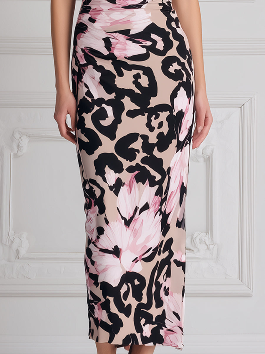 Off-the-Shoulder Abstract Floral Print Ruched Midi Dress