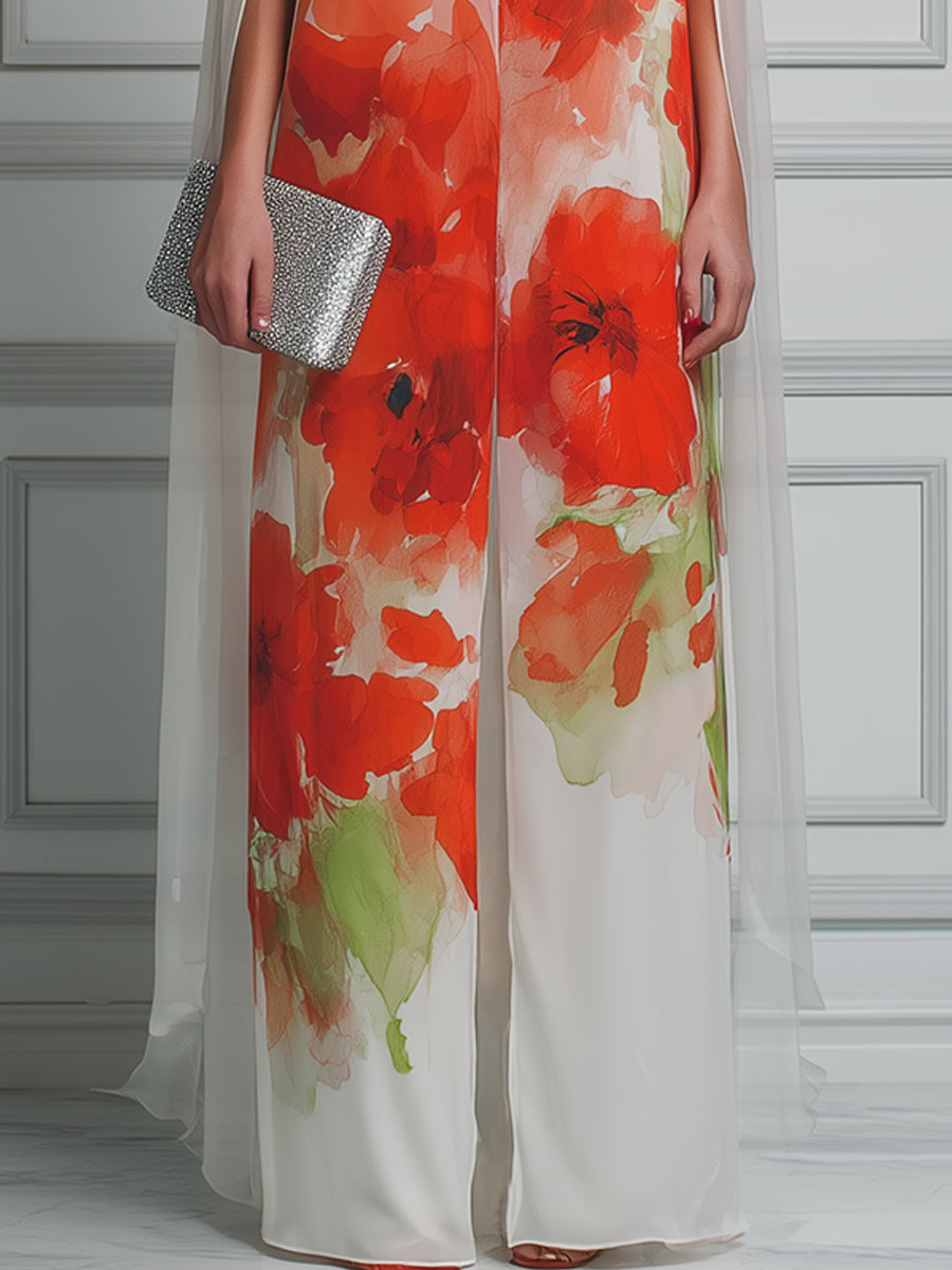 High-Neck Watercolor Poppy Print Cape-Sleeve Front-Slit Maxi Dress
