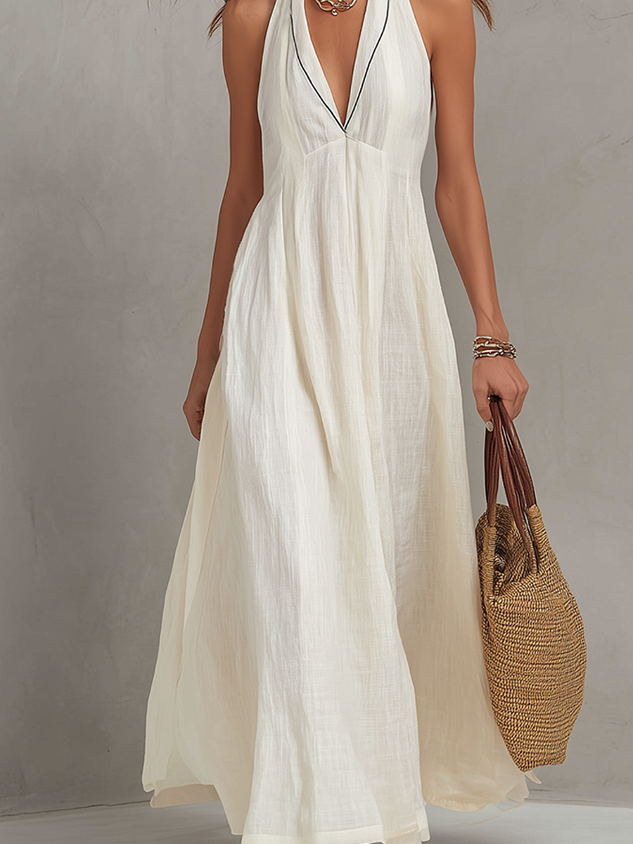 Robe longue trapèze minimaliste en lin à licou et col en V