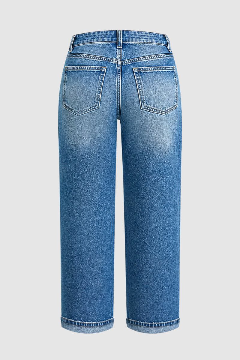 Wash Seam Front Patch Pocket Mid Rise Wide Leg Crop Jeans Without Belt