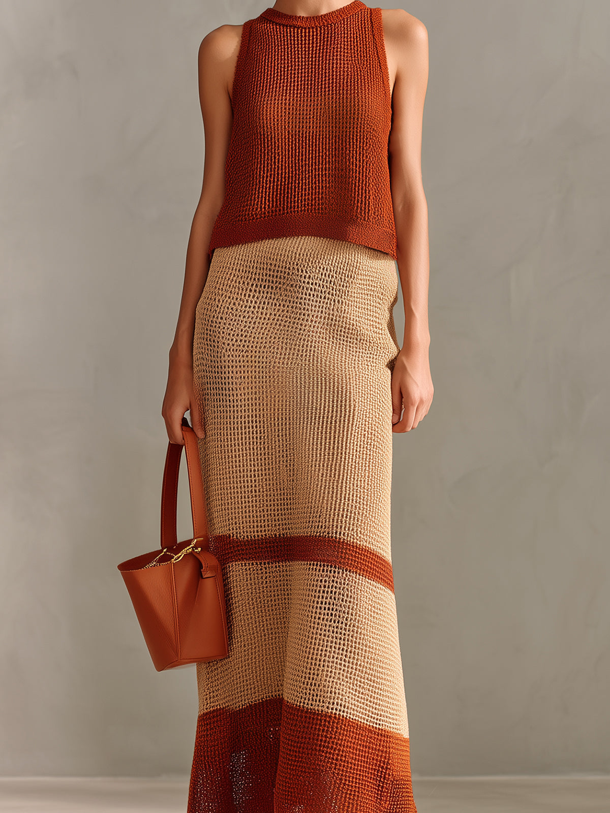 Chic Elegant Caramel-Beige Colorblock Round Neck Sleeveless Vest A-Line Maxi Skirt Knit Two-Piece Set