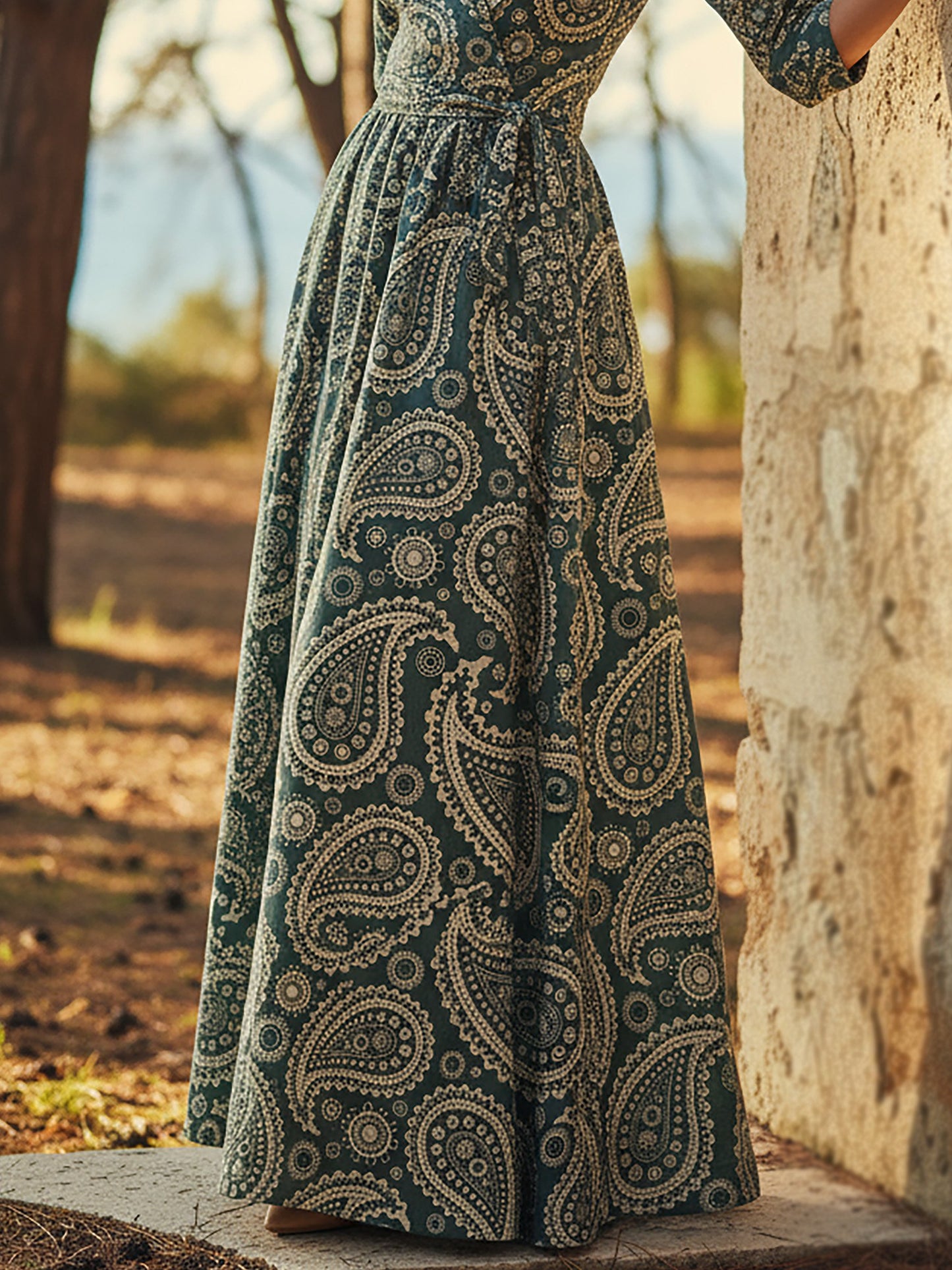 Robe longue en lin, Manches mi-longues, Col en V, Motif cachemire, Ceinture, Vintage, Cyan