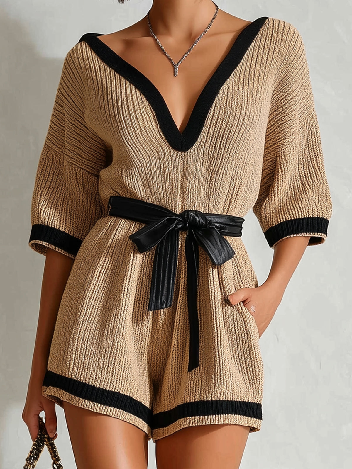 Chic Elegant Camel V-Neck Short-Sleeve Black Trim Detail Belted Waist Ribbed Knit Romper