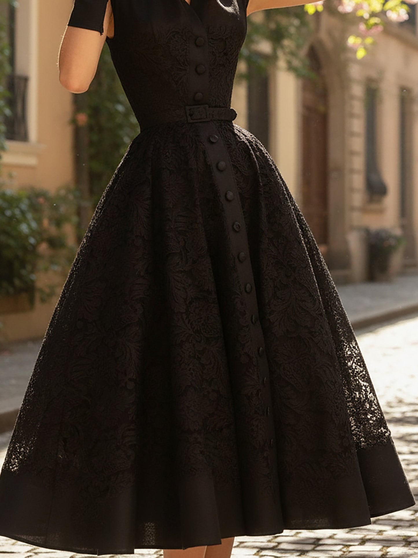 Robe Midi en Lin, Sans Manches, Col en V, Dentelle, Boutons Décoratifs, Style Vintage Français, Noir