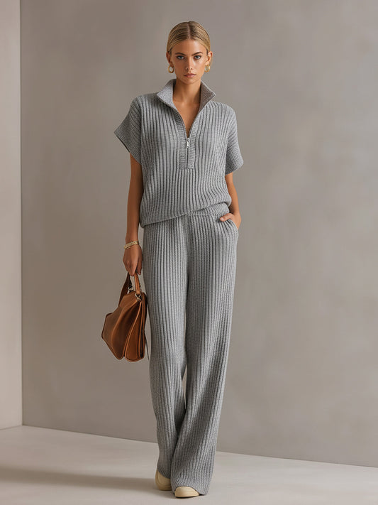 Chic Elegant Cream White Zipper-Up Stand Collar Oversize Short-Sleeve Sweater Wide-Leg Pants Ribbed Knit Two-Piece Set
