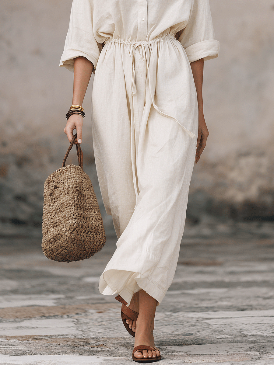 Robe longue chemise bohème en lin, coupe décontractée, avec taille coulissée