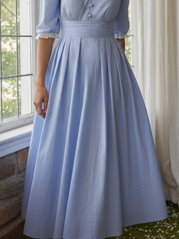 Robe midi en coton, demi-manches, col en V, unie, dentelle, vintage, bleue