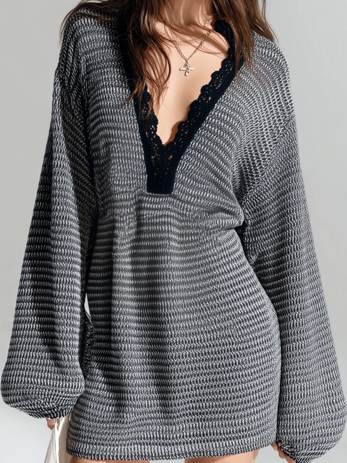 Chic Elegant Gray Stripes Deep V-Neck Lace Details Long-Sleeve A-Line Knit Mini Dress