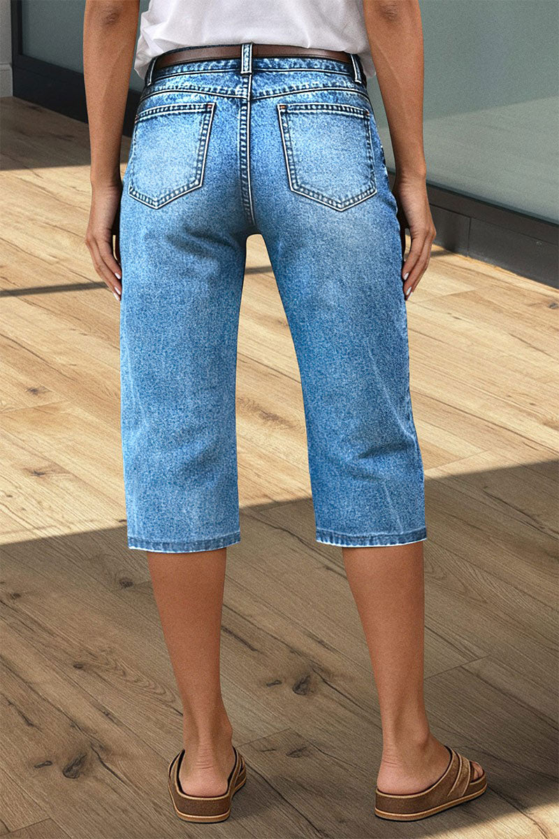 Wash Stitch Detail Mid Waist Straight Leg Capri Jeans Without Belt