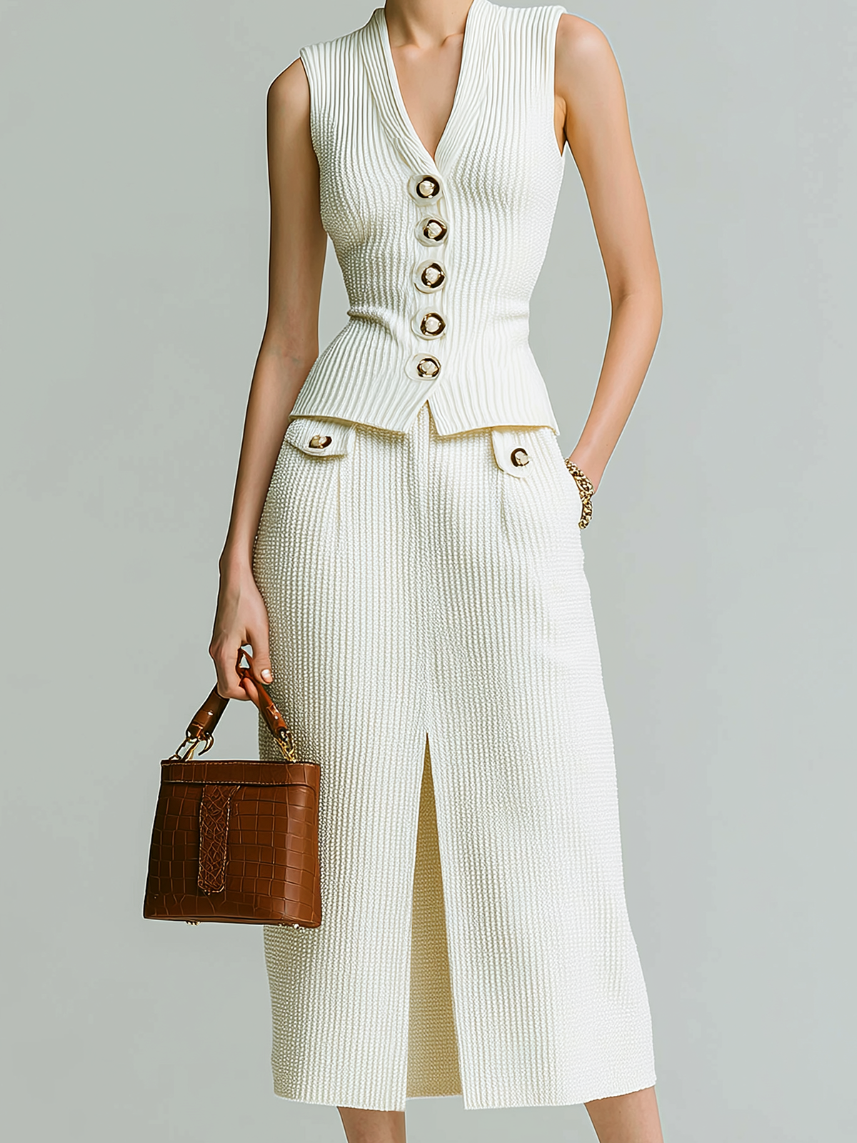 Stylish Elegant Beige Deep V-neck Button-up Slim-fit Ribbed Vest Paired With A Front-slit Knit Midi Dress Two-piece Set