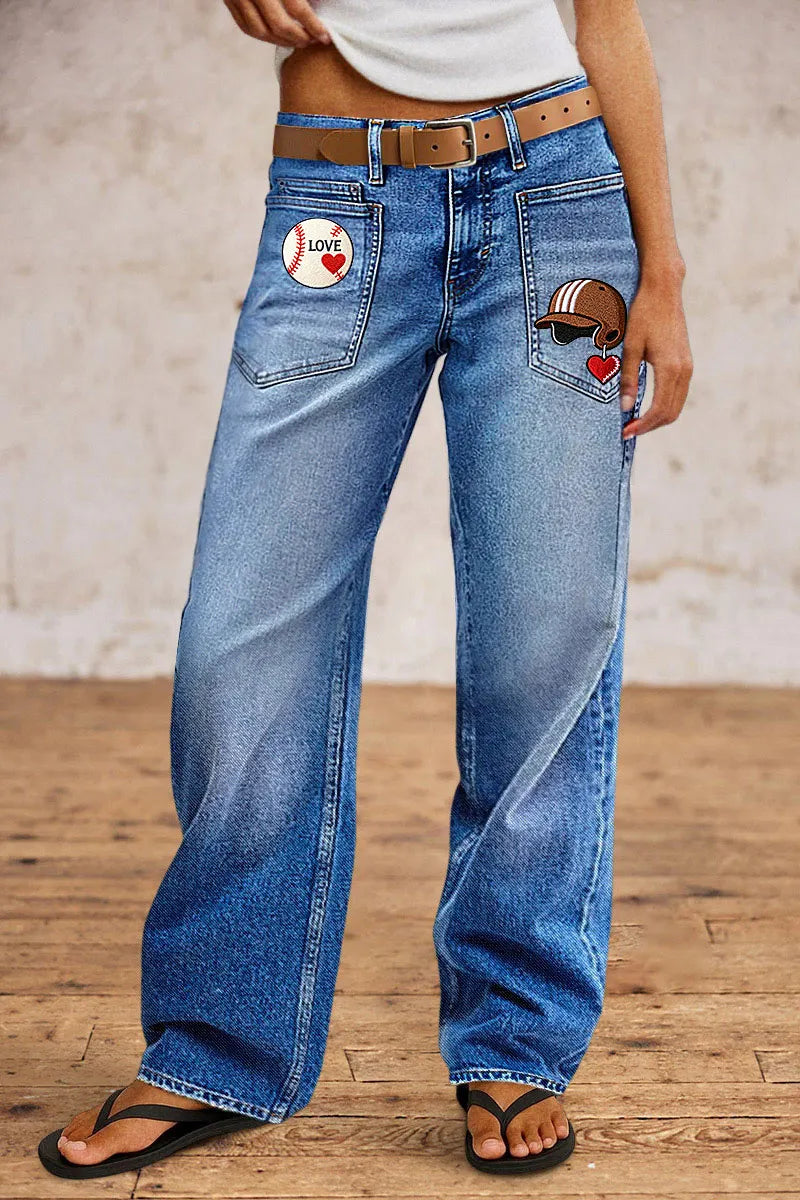 Wash Embroidery Mid Waist Straight Leg Jeans Without Belt