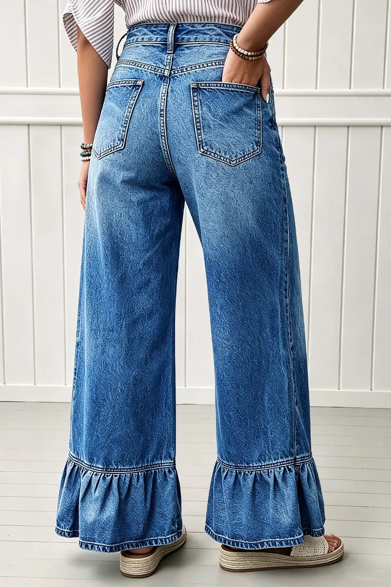Wash Ruffle Hem High Waist Wide Leg Jeans