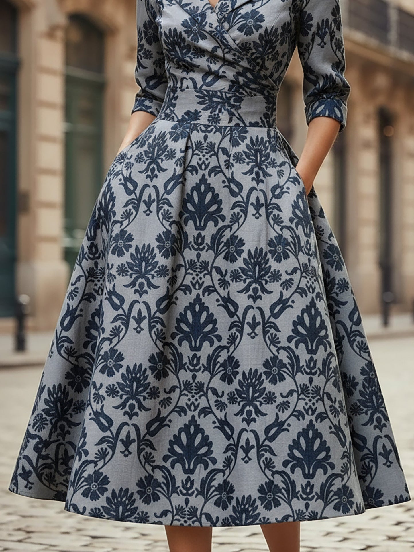 Robe midi en lin, manches courtes, col châle, motif cachemire, poches, vintage, bleue